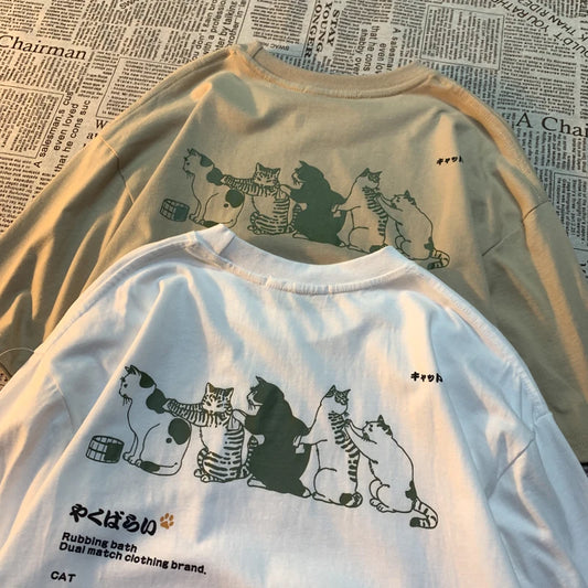 Camiseta de manga corta con estampado de gato de dibujos animados
