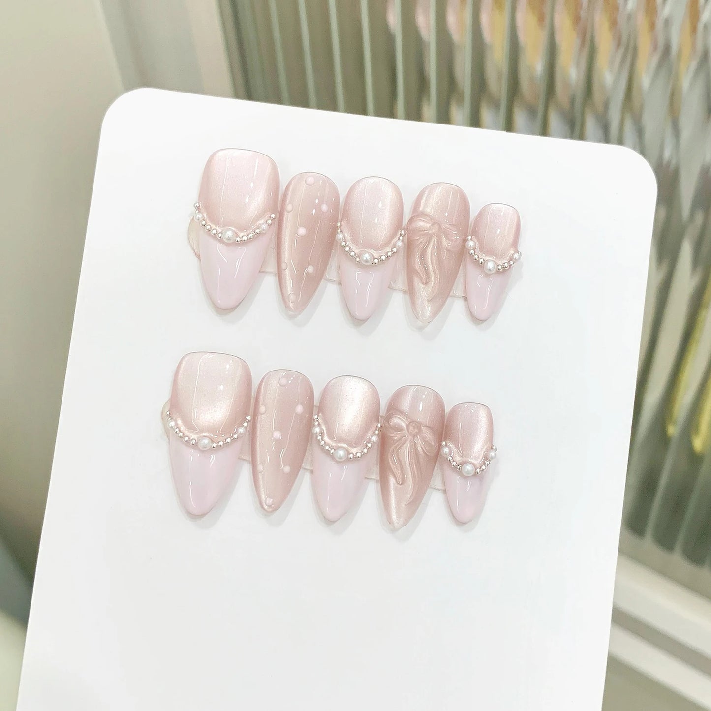 10 uñas postizas hechas a mano con ojo de gato francés, lazo rosa