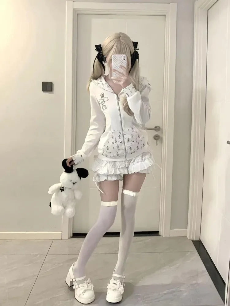 Sudadera de manga larga con capucha de orejas de conejo y encaje + Falda de pastel de cintura alta
