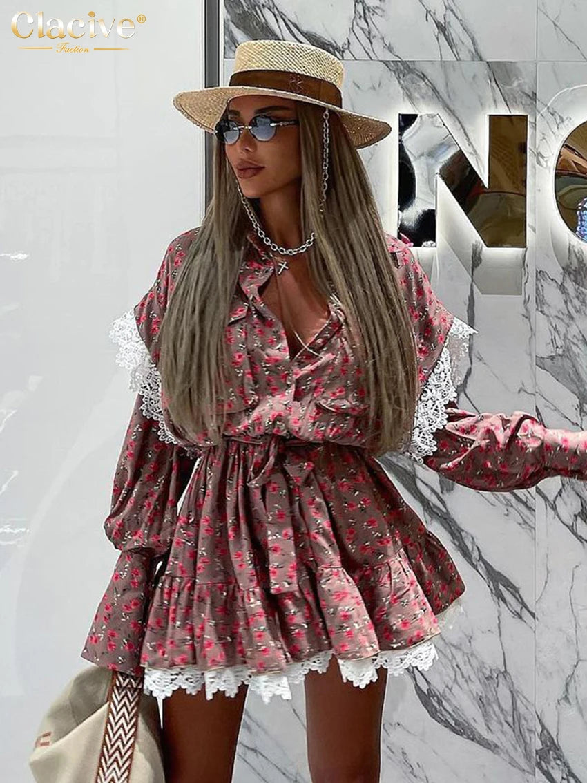 Clacive Vestido holgado con estampado para mujer, elegante vestido de oficina de manga larga con cordones, vestidos casuales con encaje fruncido para mujer