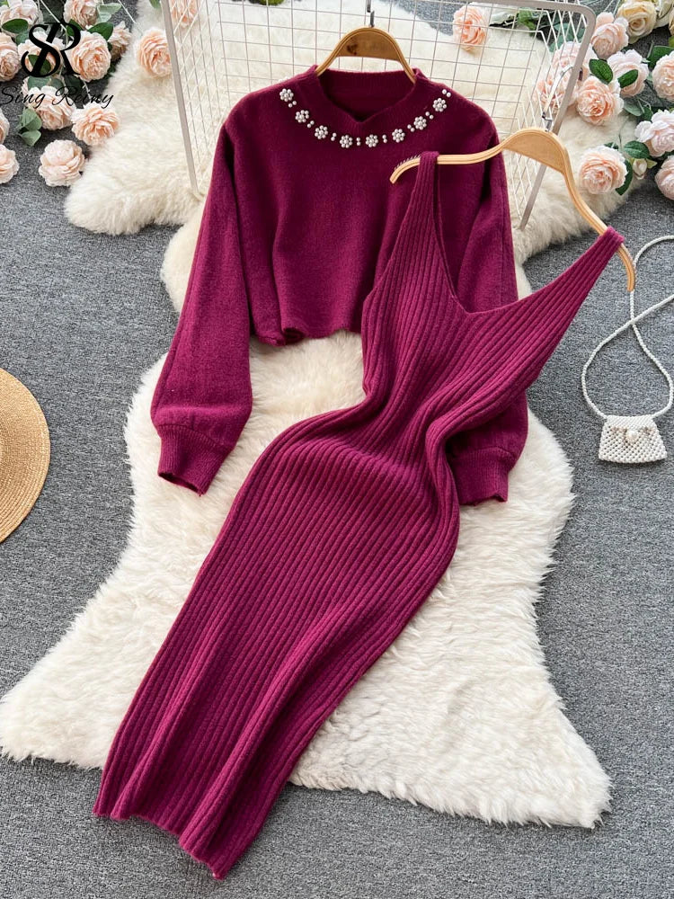 Jersey de Perlas de Manga Larga + Conjunto de Vestido Camisero de Punto