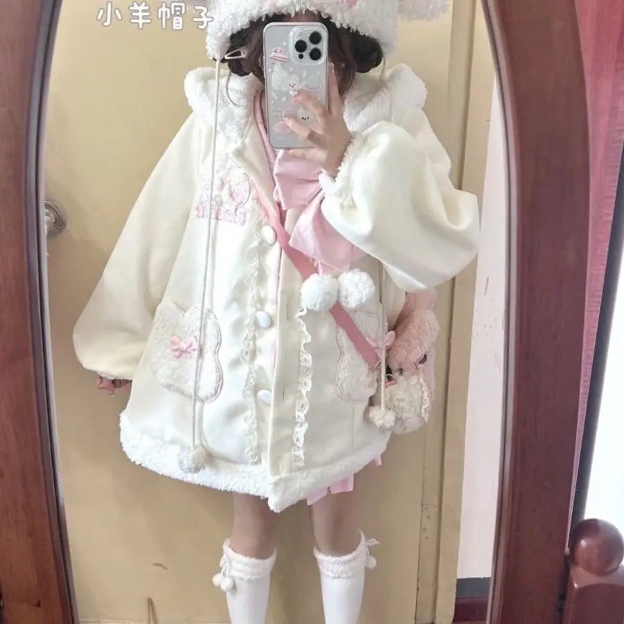 Abrigo Harajuku Kawaii Sweet Lolita para mujer, chaquetas rosas de otoño-invierno 2026, tops gruesos y cálidos informales que combinan con todo