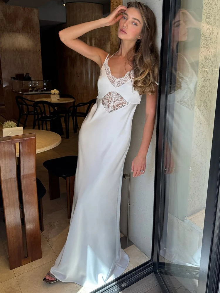 Lace Sleeveless Hollow Out Backless High-Waisted Patchwork Dress