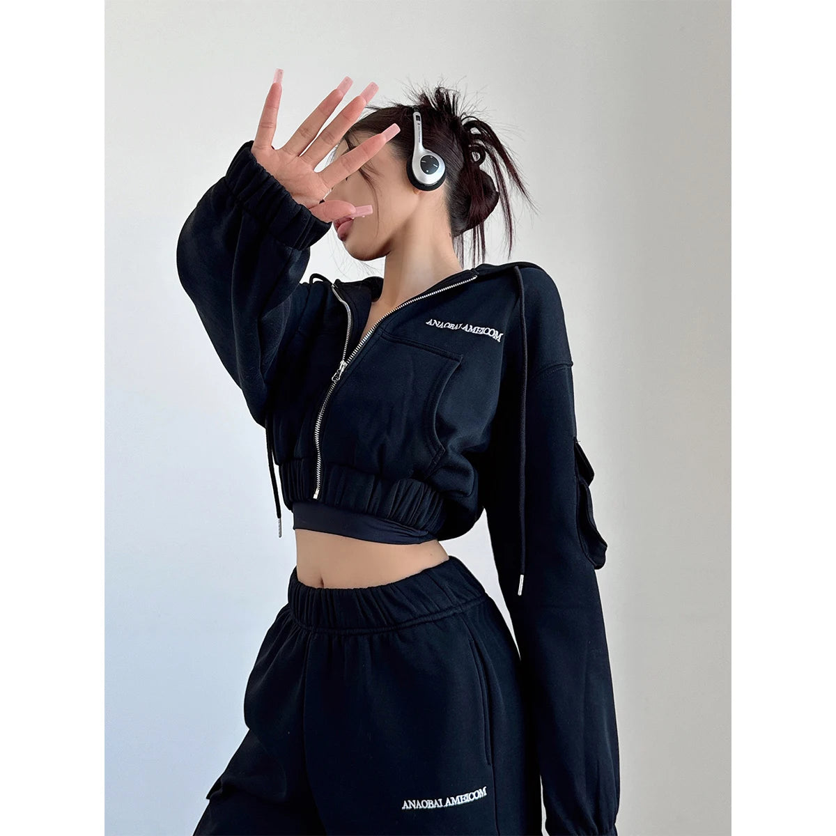 Short Zipper Sweatshirt Large Pocket Wide Leg Pants Set