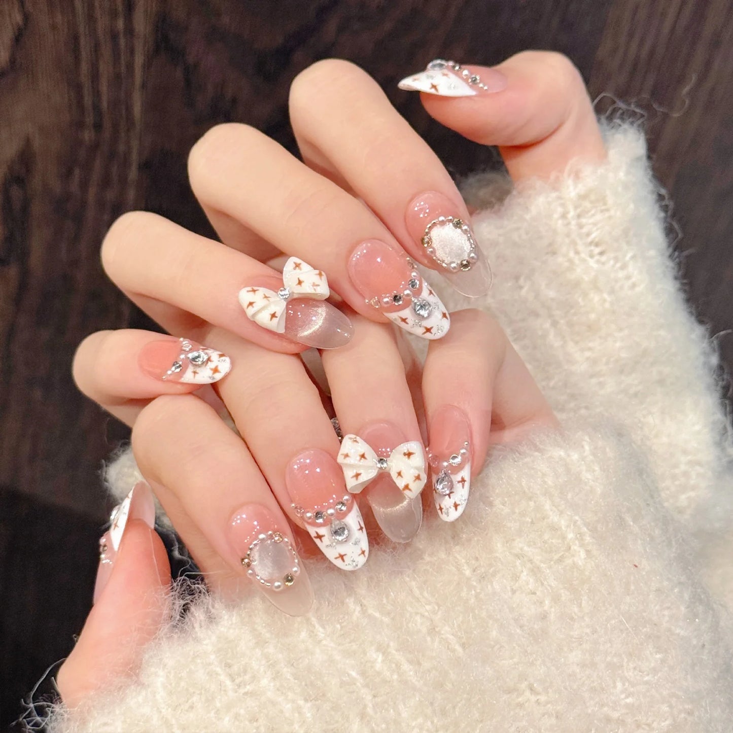 10 uñas postizas hechas a mano con ojo de gato francés, lazo rosa