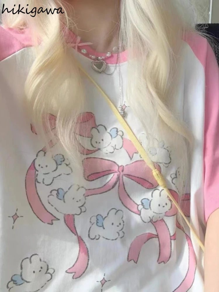 Camisetas Kawaii Rosadas para Mujer Estilo Japonés Y2k Dulces Camisetas de Dibujos Animados para Chicas Lindas de Lazo Estampado de Manga Corta Top de Verano Camiseta Oversize