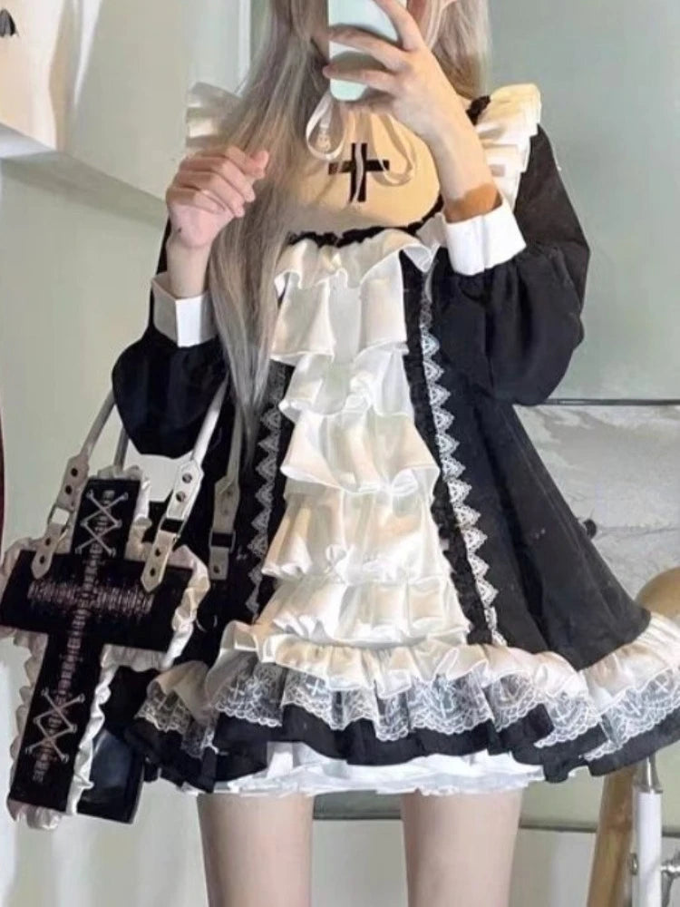 Vestido de hada con volantes, manga larga, dulce, Kawaii Lolita, de encaje, patchwork, estilo Y2k estético, de gala, color contrastante, túnica para mujer