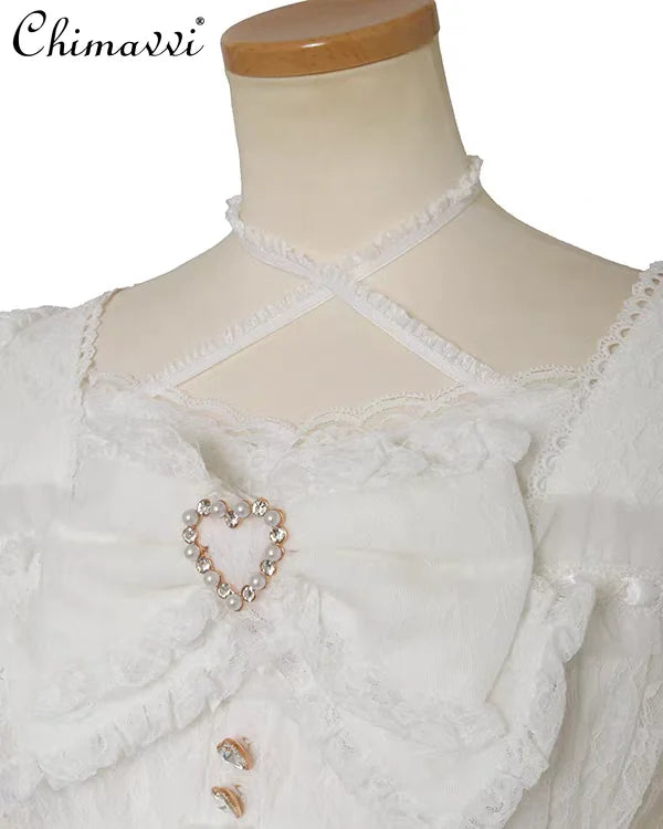 Camisa Lolita Dulce y Linda Liz de Estilo Japonés 2025 Nueva Camisa de Encaje con Lazo Elegante de Estilo Princesa con Manga de Retazos Pesados