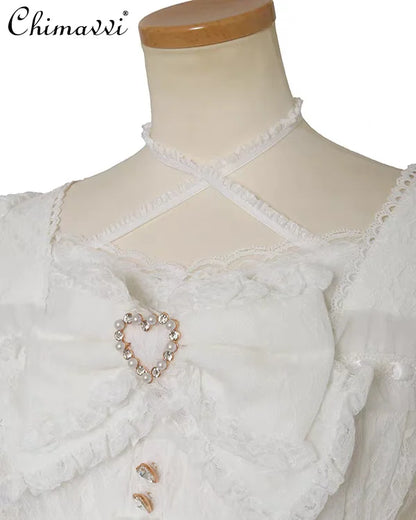 Camisa Lolita Dulce y Linda Liz de Estilo Japonés 2025 Nueva Camisa de Encaje con Lazo Elegante de Estilo Princesa con Manga de Retazos Pesados