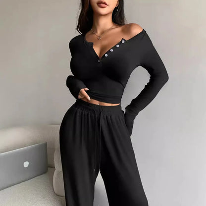 Traje informal de dos piezas para mujer: top de manga larga con botones de color liso y pantalones de pierna ancha con bolsillos y cordón, para primavera/verano.