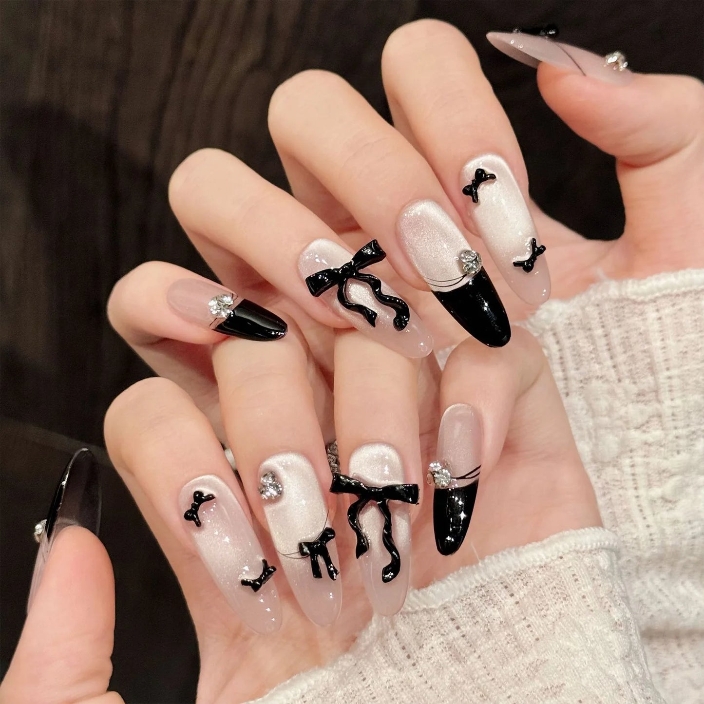 10 uñas postizas hechas a mano con ojo de gato francés, lazo rosa