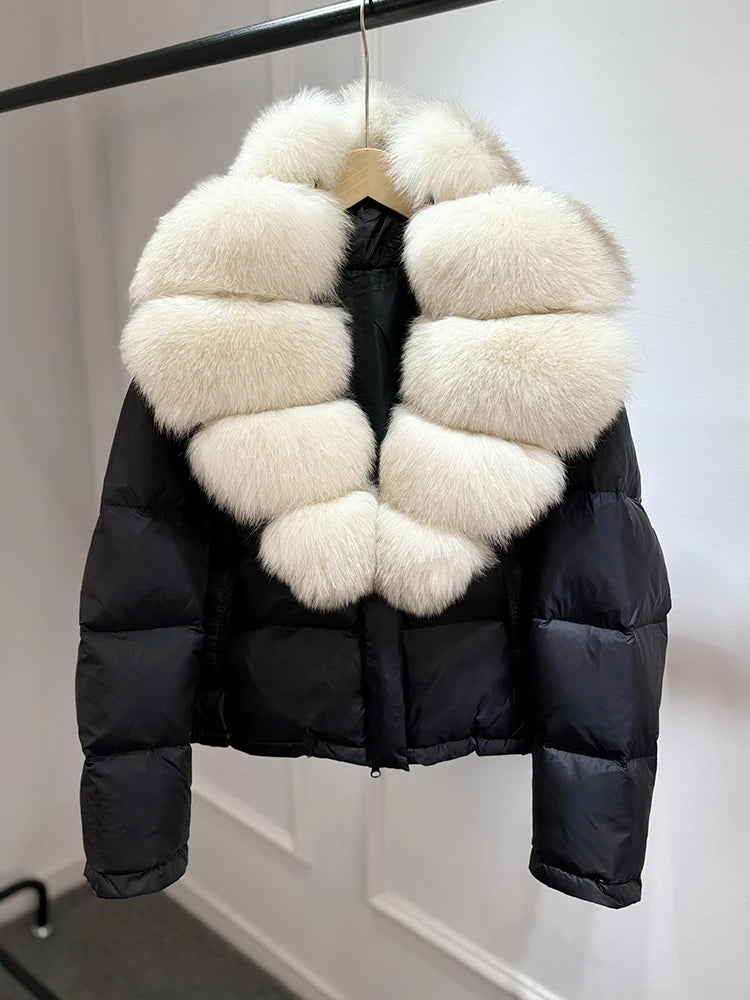 Lagabogy 2025 Abrigo casual cálido de mujer, parka de plumón, abrigo de lujo con cuello de piel de zorro natural, chaqueta de plumón de pato blanco para mujer
