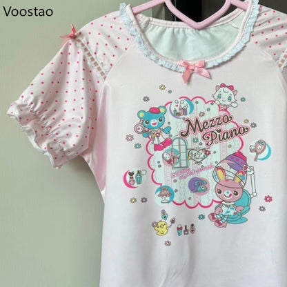 Cartoon Bunny Print Wave Point Short Sleeve Crop Top
