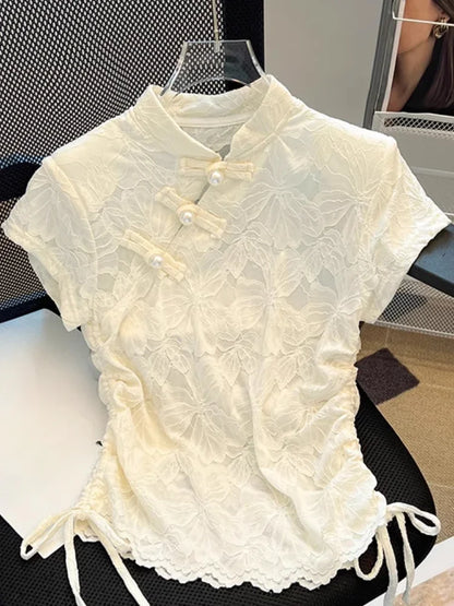 Short Sleeve Draw String Jacquard Crop Top