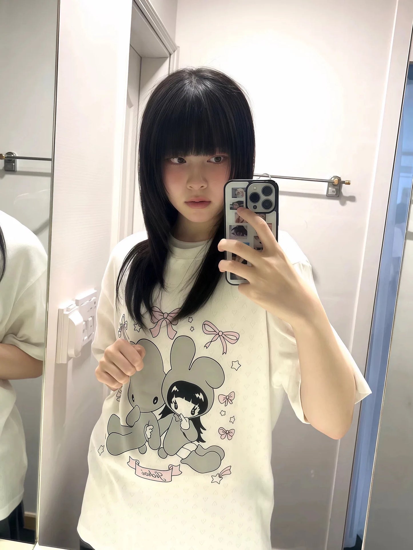 bunny girl print O Neck Top