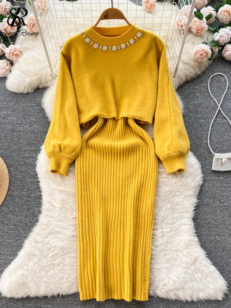 Jersey de Perlas de Manga Larga + Conjunto de Vestido Camisero de Punto