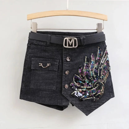 Sequin Denim Short Skirt