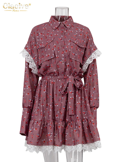 Clacive Vestido holgado con estampado para mujer, elegante vestido de oficina de manga larga con cordones, vestidos casuales con encaje fruncido para mujer