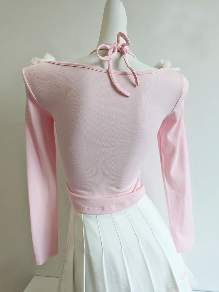 Halter Neck Long Sleeve Top with Lace Heart Patch & Bows
