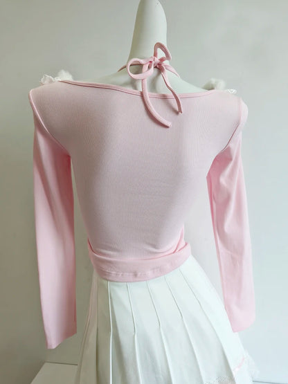 Halter Neck Long Sleeve Top with Lace Heart Patch & Bows