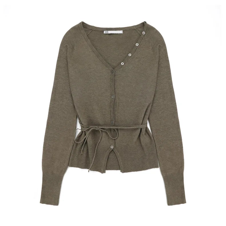 Slouchy V-neck Split hem Strappy design Knit top