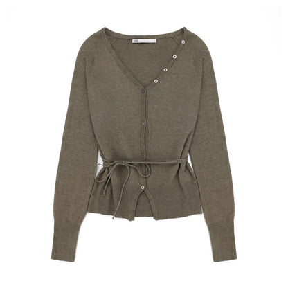 Slouchy V-neck Split hem Strappy design Knit top