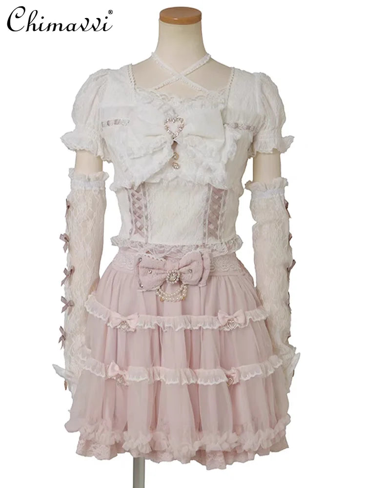 Camisa Lolita Dulce y Linda Liz de Estilo Japonés 2025 Nueva Camisa de Encaje con Lazo Elegante de Estilo Princesa con Manga de Retazos Pesados