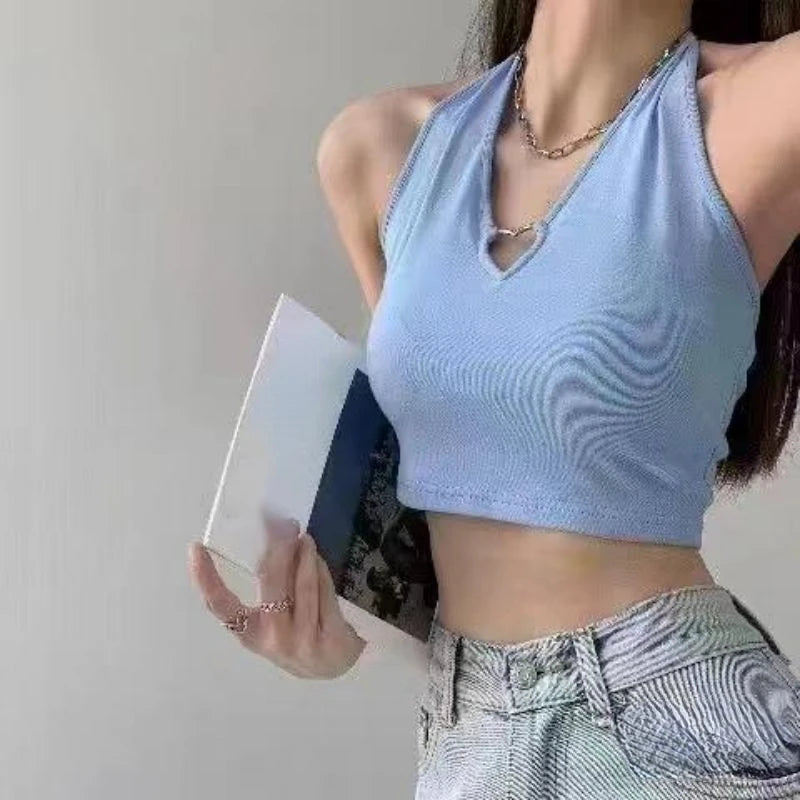 V Neck Hearted Hollow Out Halter Cami Tank Top