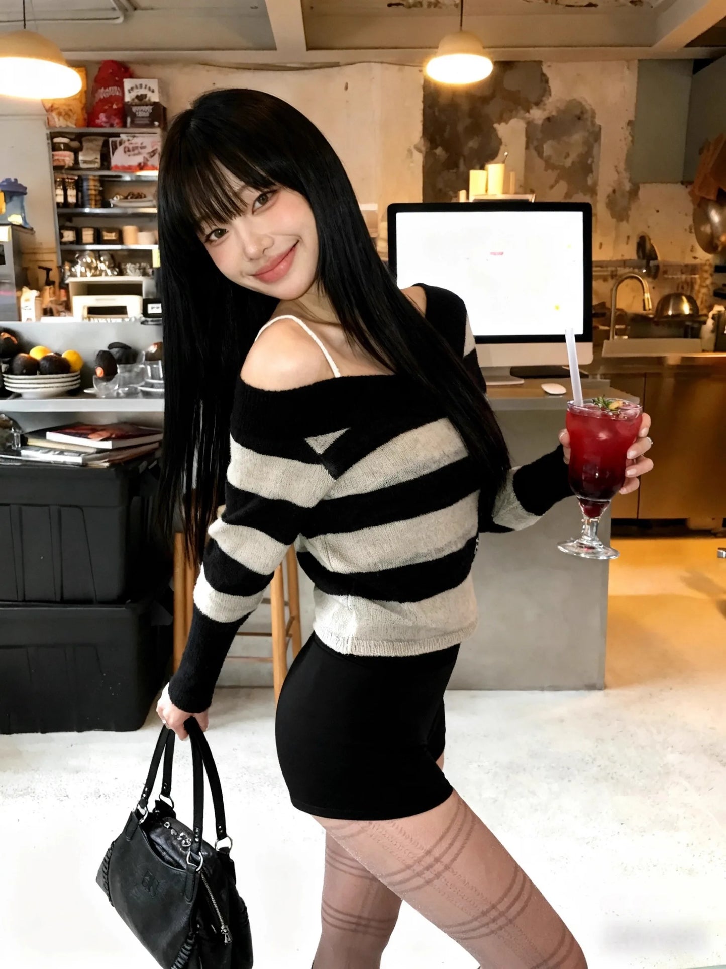V-neck off-the-shoulder embroidery pattern long sleeves Striped Knit sweater