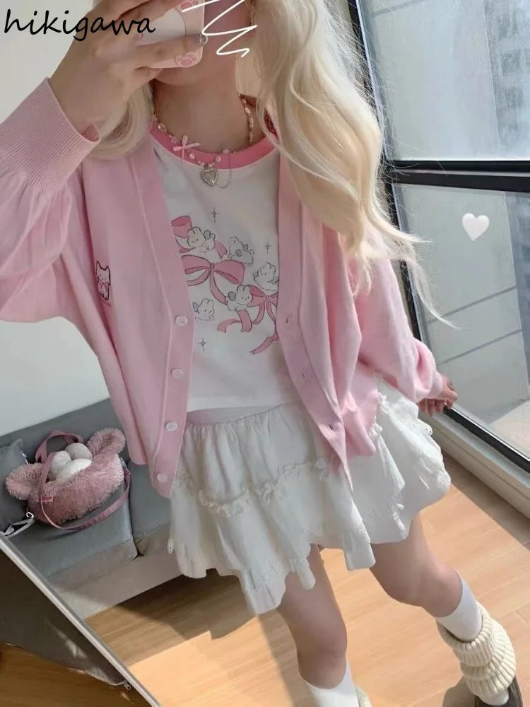 Camisetas Kawaii Rosadas para Mujer Estilo Japonés Y2k Dulces Camisetas de Dibujos Animados para Chicas Lindas de Lazo Estampado de Manga Corta Top de Verano Camiseta Oversize