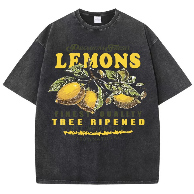 Camisetas lavadas de talla grande con estampado de limones frescos de primera calidad para mujer, camiseta holgada de manga corta cómoda Y2K de algodón que combina con todo