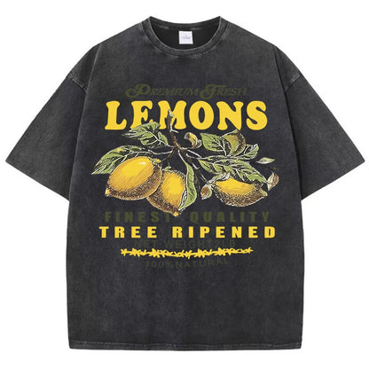 Camisetas lavadas de talla grande con estampado de limones frescos de primera calidad para mujer, camiseta holgada de manga corta cómoda Y2K de algodón que combina con todo