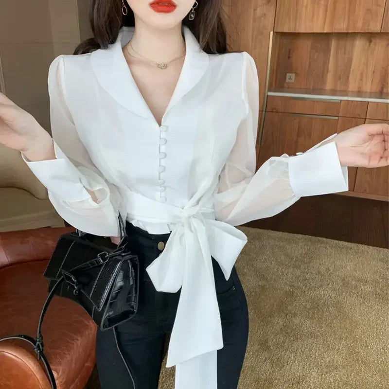 V-neck Bandage Bow Slim Waist Chiffon Blouse
