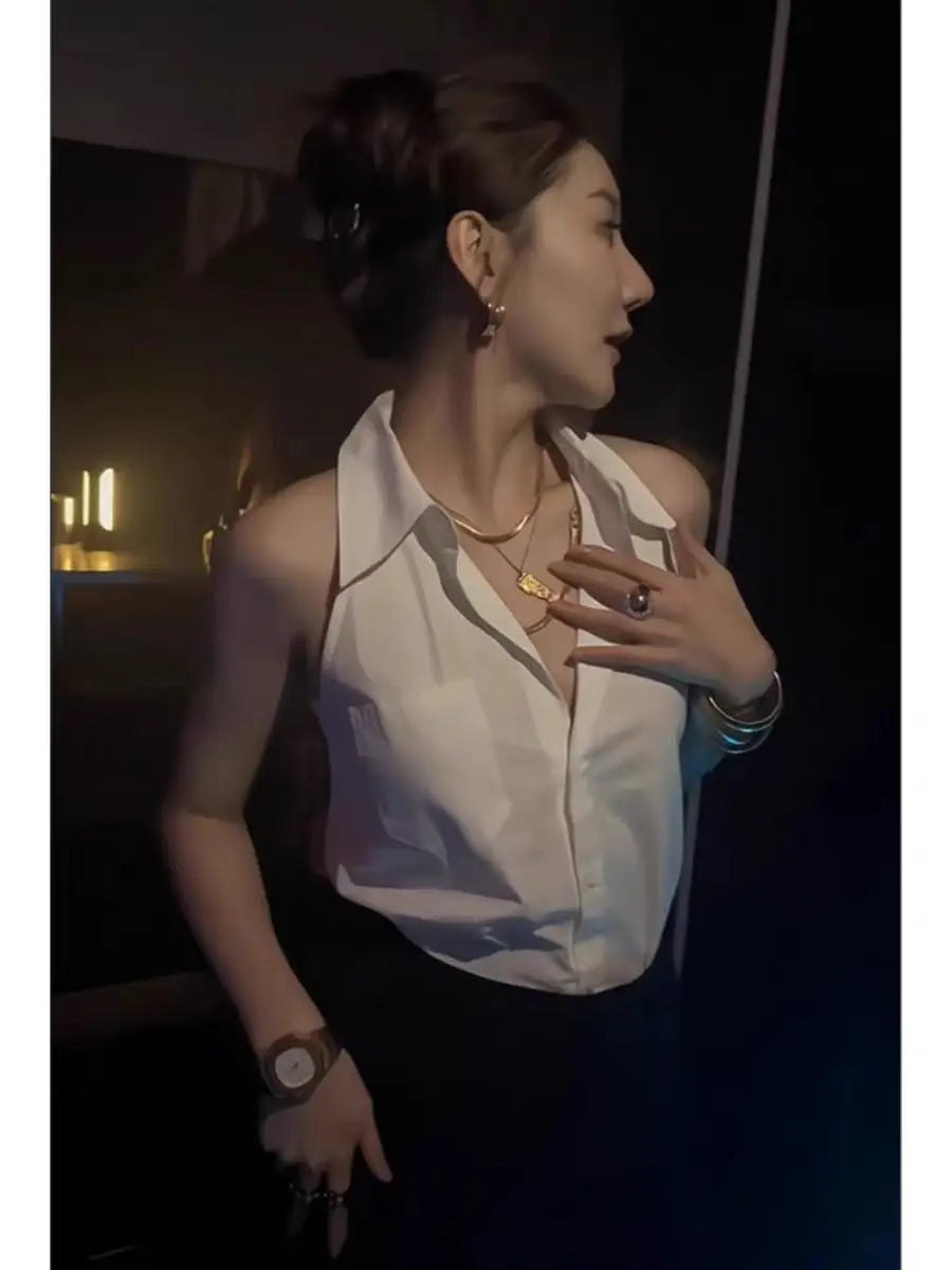 Camisas de verano sexys sin mangas para mujer 2024, top sin mangas con cuello y bolsillos de color liso, blusas informales para mujer, camisa elegante corta para mujer