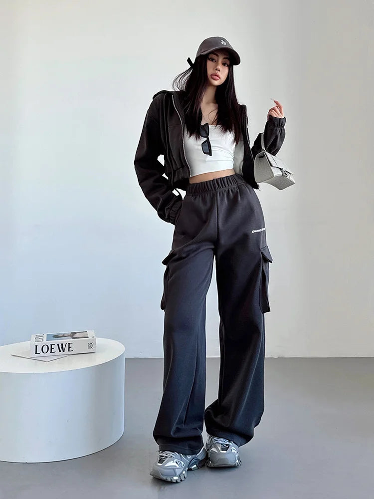 Short Zipper Sweatshirt Large Pocket Wide Leg Pants Set