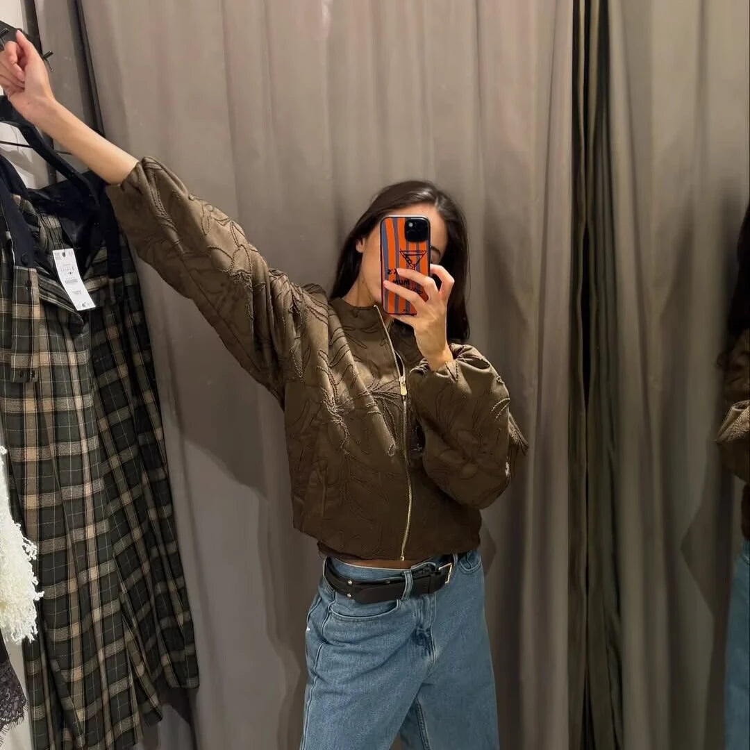 Faux Suede Embroidery Bomber Jacket