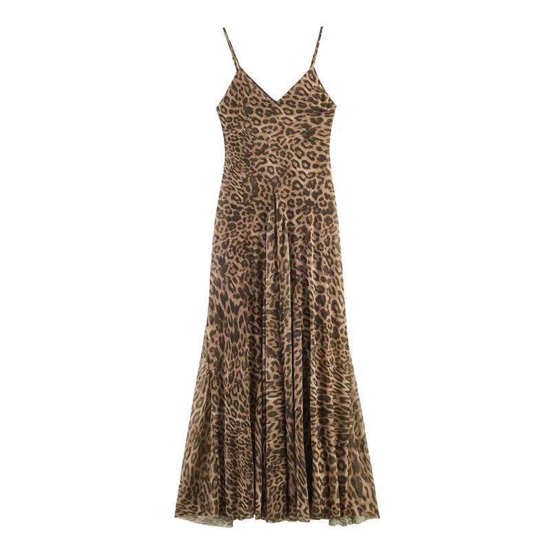 Leopard Print Spaghetti Strap A-Line Midi Dress
