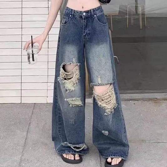 Pantalones casuales de mezclilla para mujer, jeans vintage rectos, pantalones de moda de otoño y primavera para mujer, azules, de pierna ancha con rotos