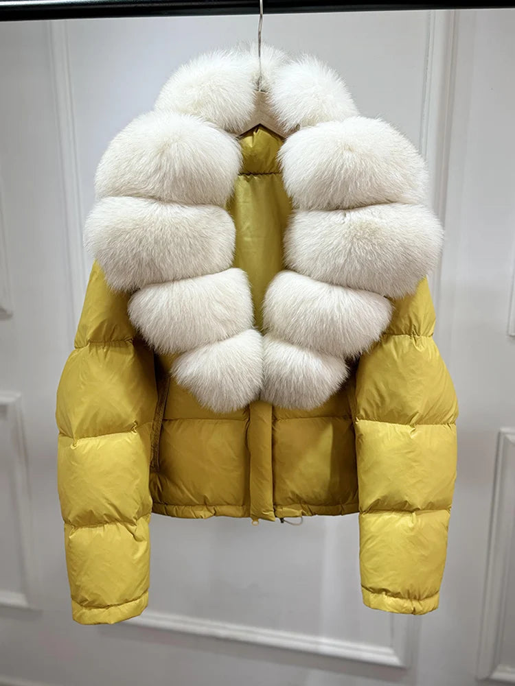 Lagabogy 2025 Abrigo casual cálido de mujer, parka de plumón, abrigo de lujo con cuello de piel de zorro natural, chaqueta de plumón de pato blanco para mujer