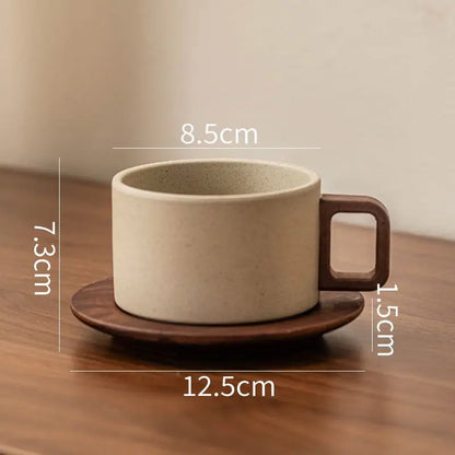 Vintage Wooden Handle Ceramic Coffee Cup with Saucer