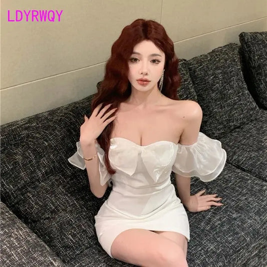 off-shoulder, puffy gauze, bow tie dress