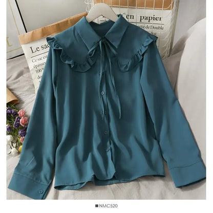 Blusas Dulces para Mujer Lindas Blusas con Cuello Peter Pan S-3XL Holgadas Moda Temperamento Minimalista Lolita Ropa Francesa Elegante de Moda 5 Colores