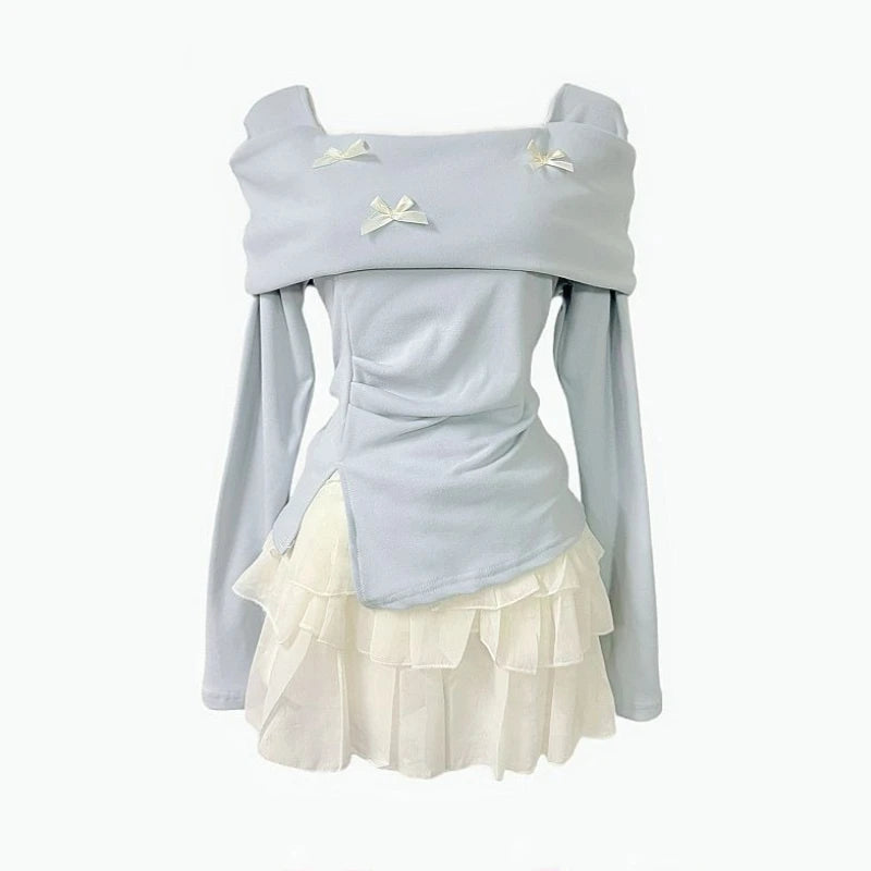 Top Henley de manga corta + Minifalda de volantes superpuestos