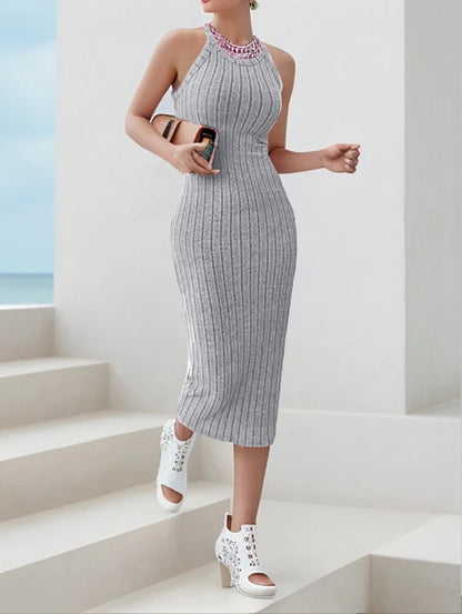 Solid Halter Neck Bodycon Midi Dress