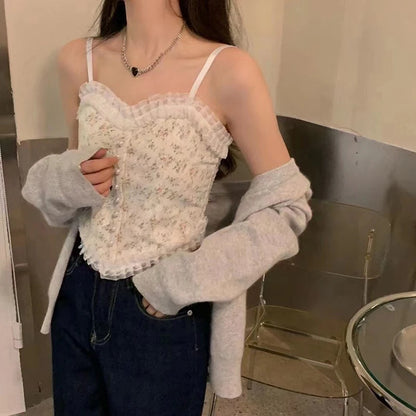 French Print Lace Cami Crop Tank Top