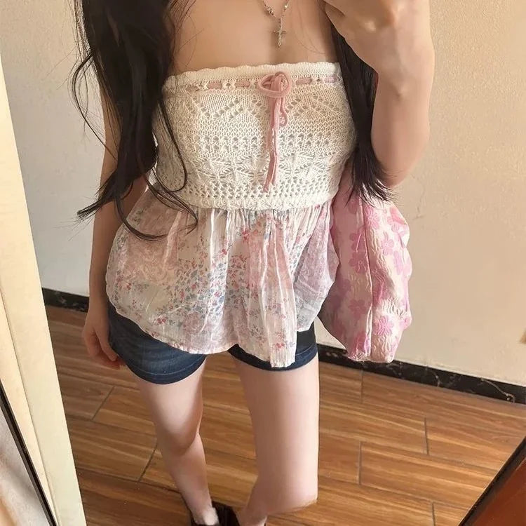 Top de tubo de encaje con retales