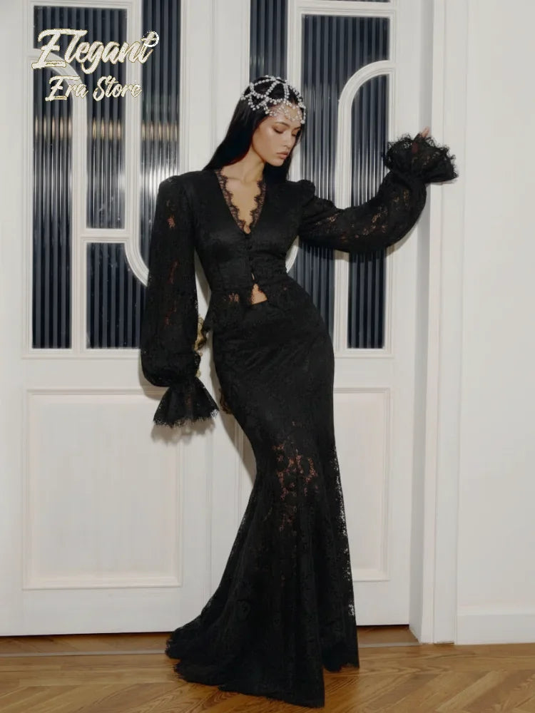 Lace Patchwork Long Skirt Set