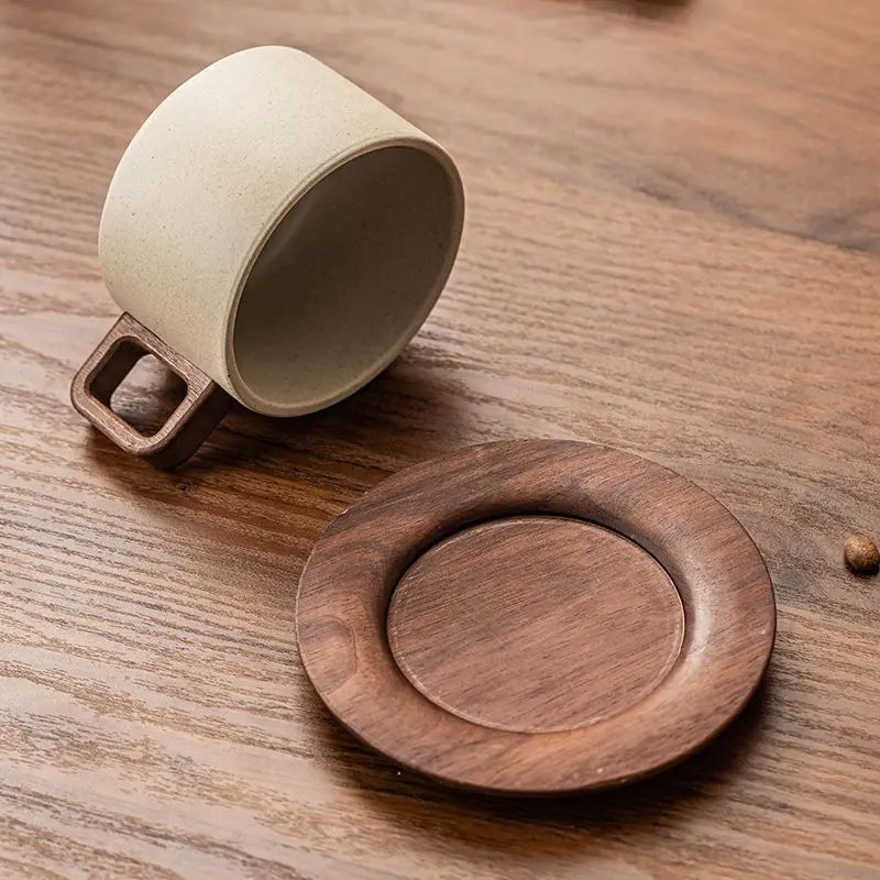Vintage Wooden Handle Ceramic Coffee Cup with Saucer
