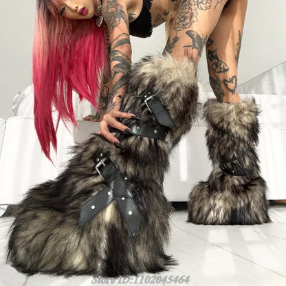 Fur Strappy Knee High Boots