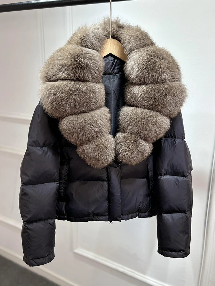 Lagabogy 2025 Abrigo casual cálido de mujer, parka de plumón, abrigo de lujo con cuello de piel de zorro natural, chaqueta de plumón de pato blanco para mujer